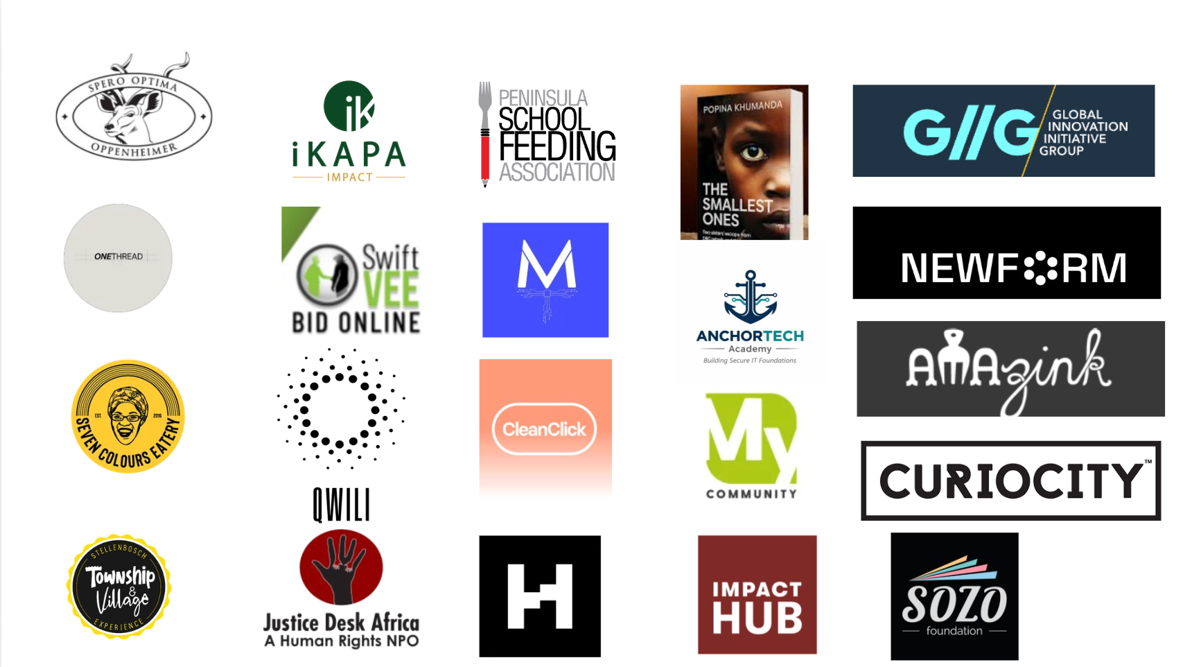 Logos of the founders, social enterprises, and partner organizations in the Founders Without Borders network
